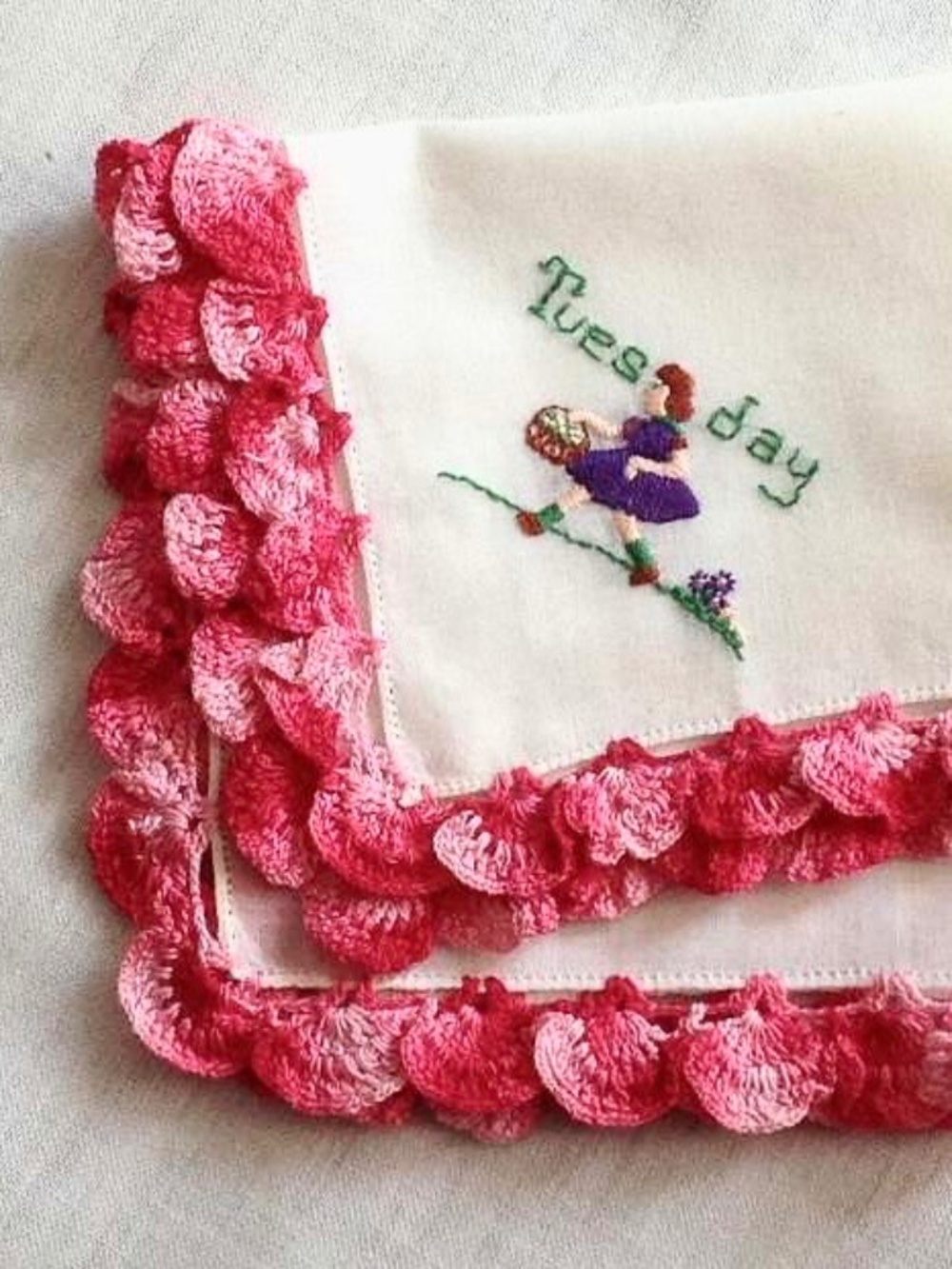 Vintage hanky..embroidered TUESDAY child with frilly crochet border